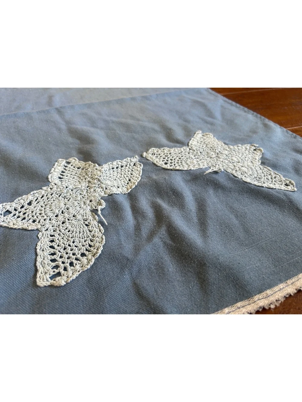 Pair of Blue Cotton Fabric Pieces with White Crochet Butterfly Appliques